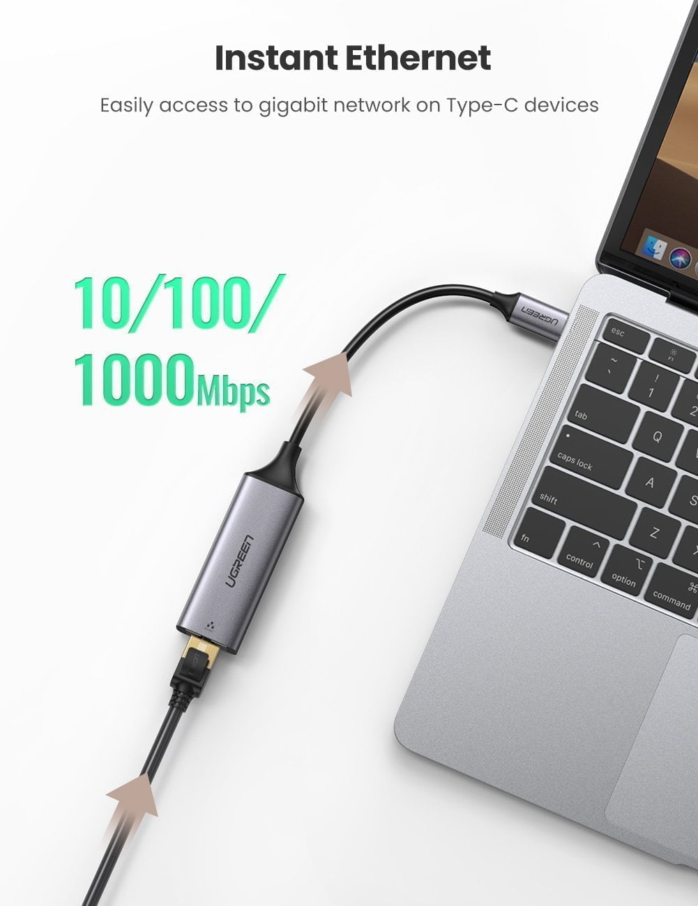 UGREEN USB TYPE C TO 10/100/1O0OM ETHERNET ADAPTER (SPACE GRAY)