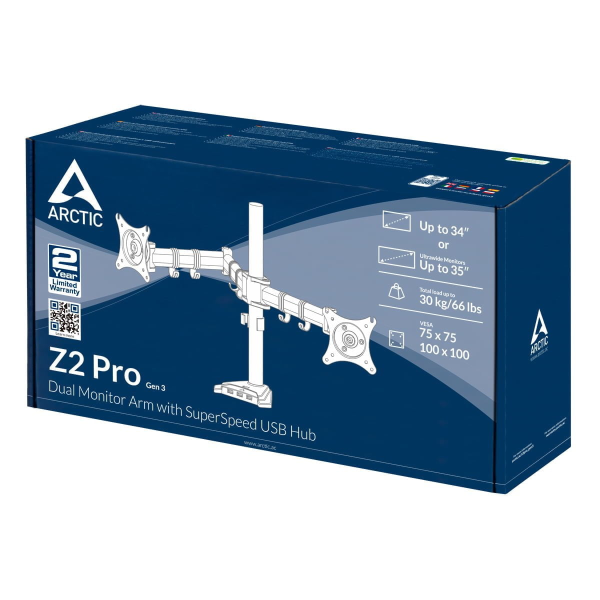 Arctic Z2 Pro Gen 3 (Matt black coating) - Dual Monitor Arm with SuperSpeed USB Hub